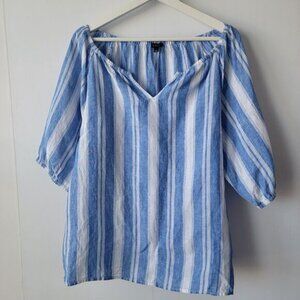 talbots womens top size L 100% Linen Popover Dreamy Stripe white blue